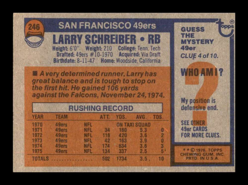 Load image into Gallery viewer, 1976 Topps Larry Schreiber #246 Set Break San Francisco 49ers Image 2
