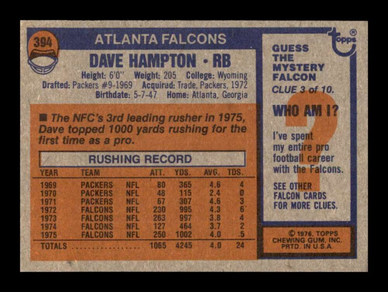 Load image into Gallery viewer, 1976 Topps Dave Hampton #394 Set Break Atlanta Falcons Image 2
