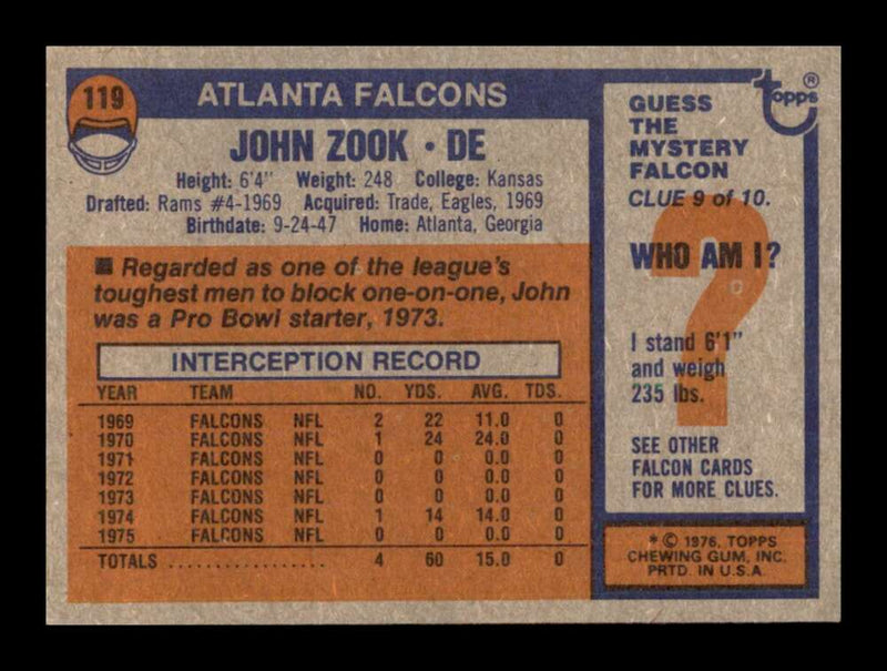 Load image into Gallery viewer, 1976 Topps John Zook #119 Set Break Atlanta Falcons Image 2
