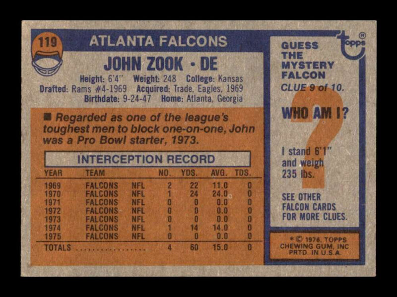 Load image into Gallery viewer, 1976 Topps John Zook #119 Set Break Atlanta Falcons Image 2
