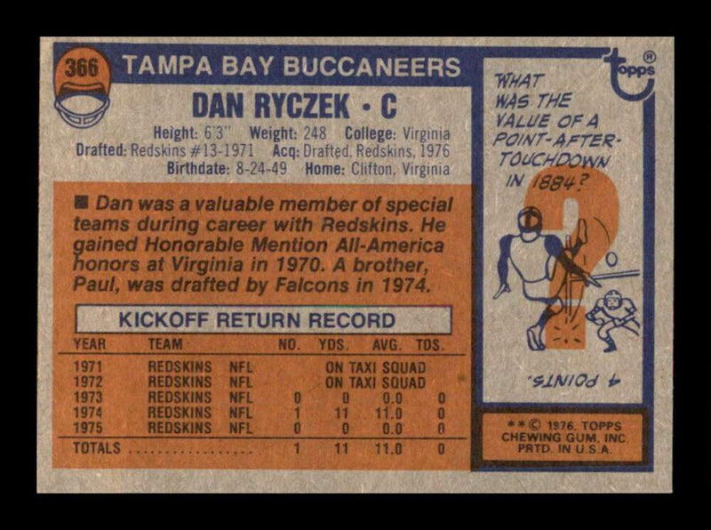 Load image into Gallery viewer, 1976 Topps Dan Ryczek #366 Rookie RC Set Break Tampa Bay Buccaneers Image 2
