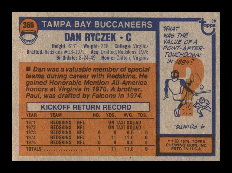 Load image into Gallery viewer, 1976 Topps Dan Ryczek #366 Rookie RC Set Break Tampa Bay Buccaneers Image 2
