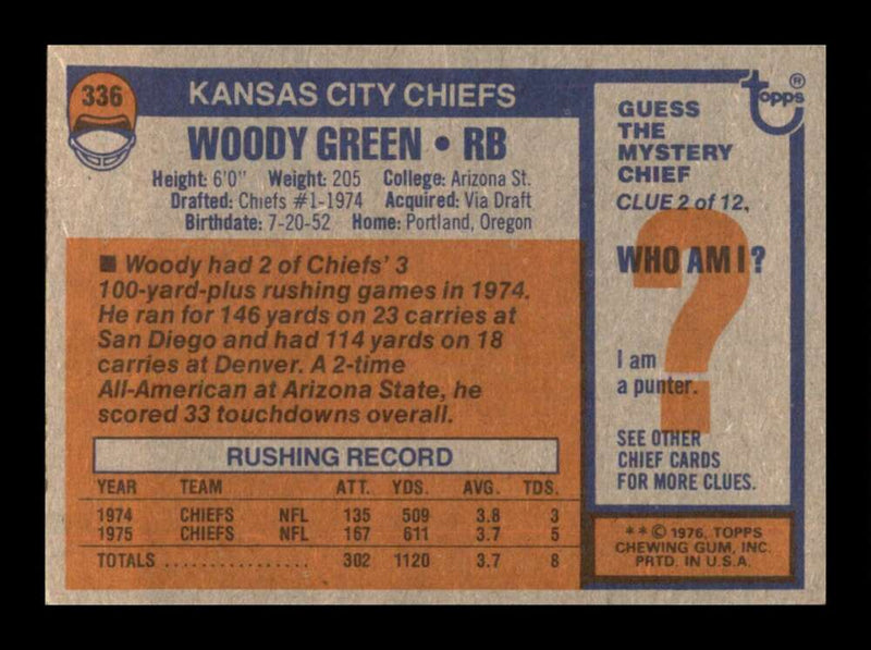 Load image into Gallery viewer, 1976 Topps Woody Green #336 Rookie RC Set Break Kansas City Chiefs Image 2
