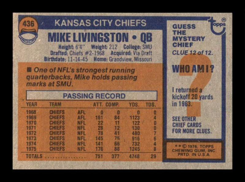 Load image into Gallery viewer, 1976 Topps Mike Livingston #436 Set Break Kansas City Chiefs Image 2
