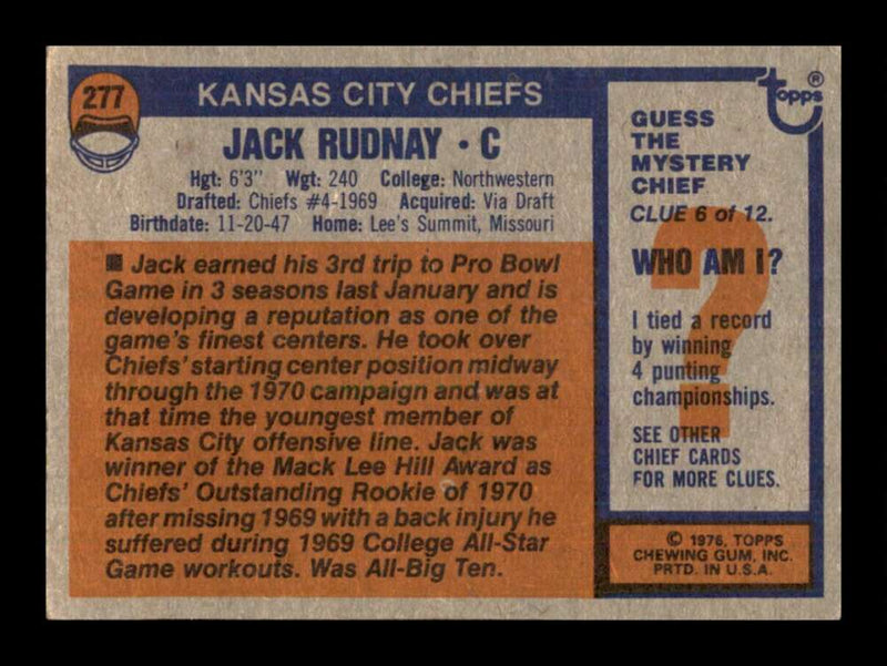 Load image into Gallery viewer, 1976 Topps Jack Rudnay #277 Set Break Kansas City Chiefs Image 2
