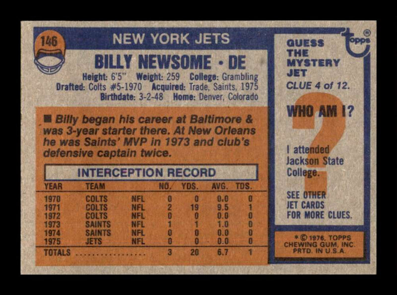 Load image into Gallery viewer, 1976 Topps Billy Newsome #146 Set Break New York Jets Image 2
