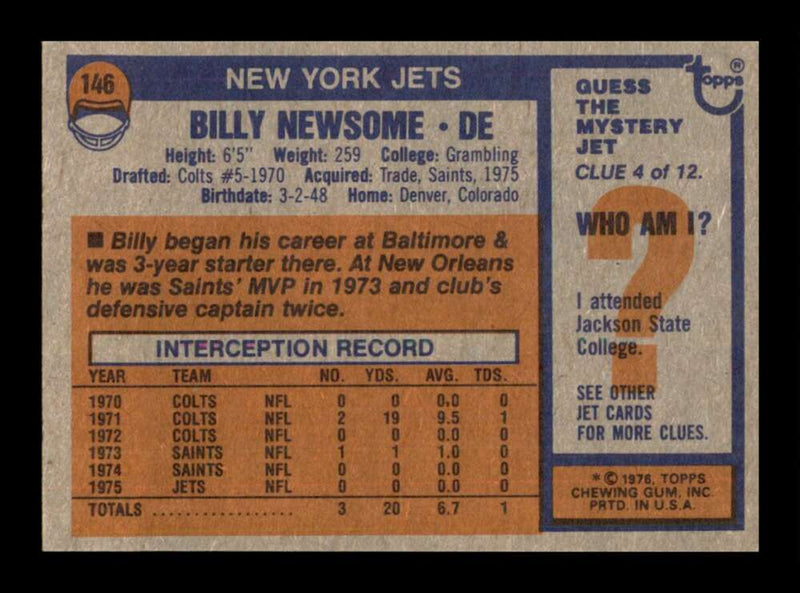 Load image into Gallery viewer, 1976 Topps Billy Newsome #146 Set Break New York Jets Image 2
