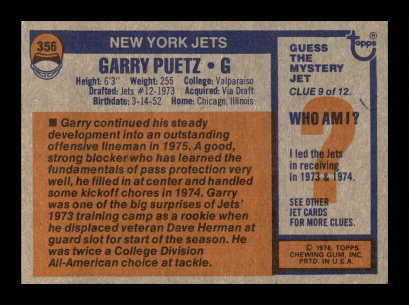 Load image into Gallery viewer, 1976 Topps Garry Puetz #356 Set Break New York Jets Image 2
