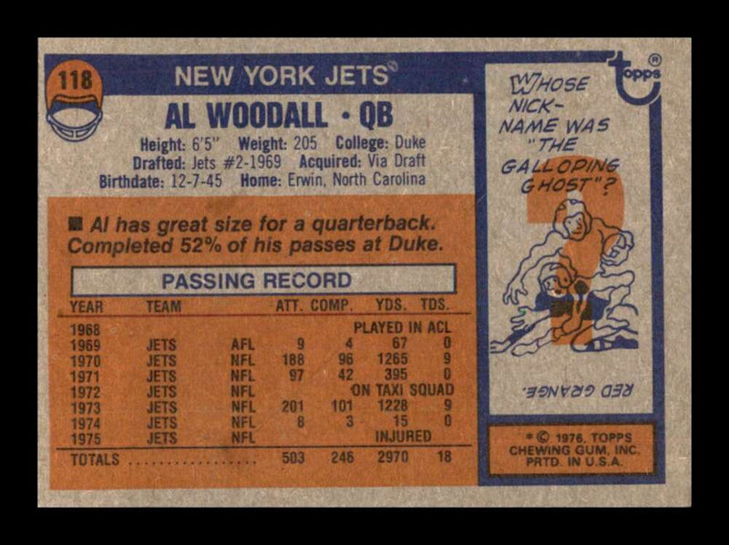 Load image into Gallery viewer, 1976 Topps Al Woodall #118 Set Break New York Jets Image 2
