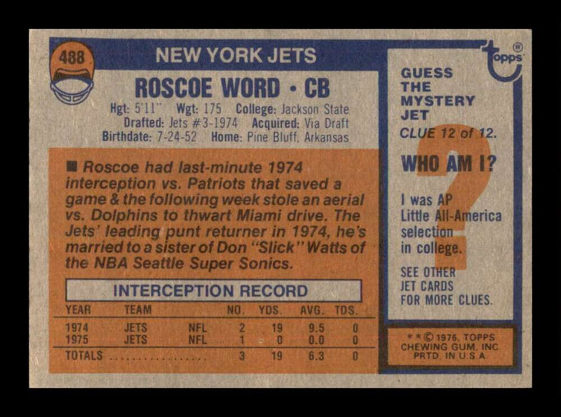 Load image into Gallery viewer, 1976 Topps Roscoe Word #488 Rookie RC Set Break New York Jets Image 2
