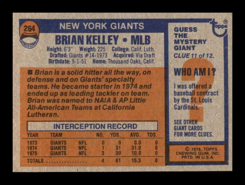 Load image into Gallery viewer, 1976 Topps Brian Kelley #264 Rookie RC Set Break New York Giants Image 2
