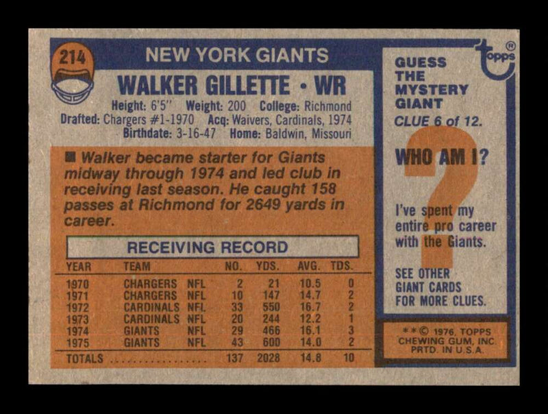 Load image into Gallery viewer, 1976 Topps Walker Gillette #214 Set Break New York Giants Image 2
