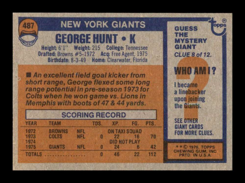 Load image into Gallery viewer, 1976 Topps George Hunt #487 Set Break New York Giants Image 2
