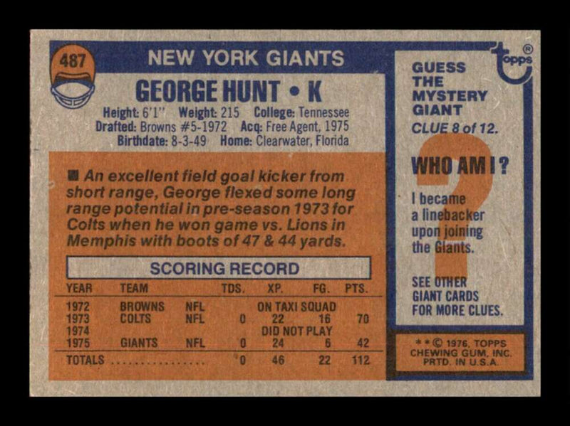 Load image into Gallery viewer, 1976 Topps George Hunt #487 Set Break New York Giants Image 2
