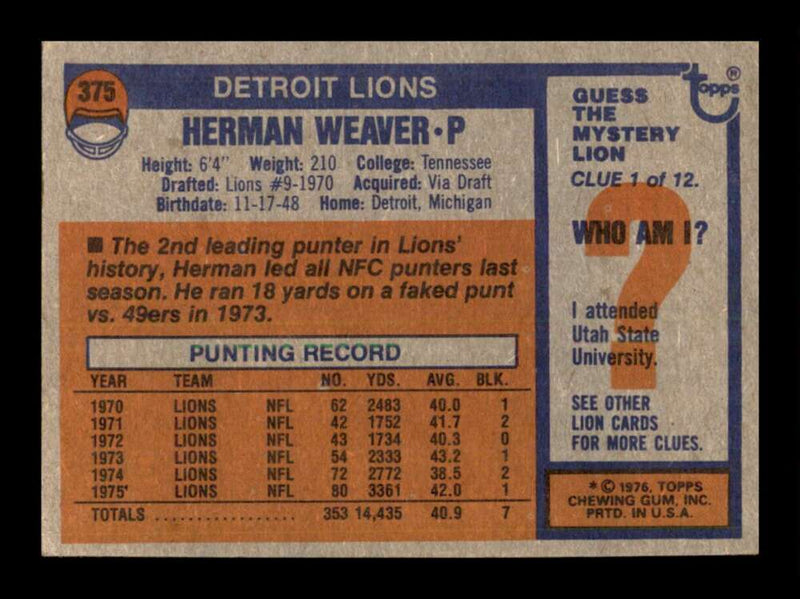 Load image into Gallery viewer, 1976 Topps Herman Weaver #375 Set Break Detroit Lions Image 2
