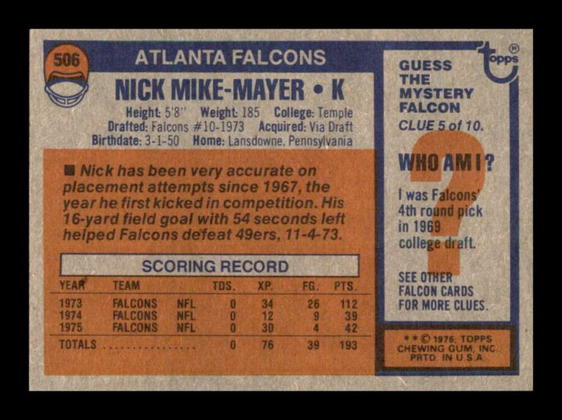 Load image into Gallery viewer, 1976 Topps Nick Mike-Mayer #506 Set Break Atlanta Falcons Image 2
