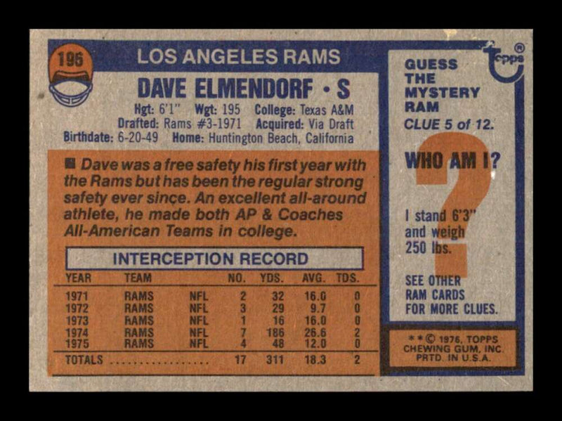 Load image into Gallery viewer, 1976 Topps Dave Elmendorf #196 Set Break Los Angeles Rams Image 2
