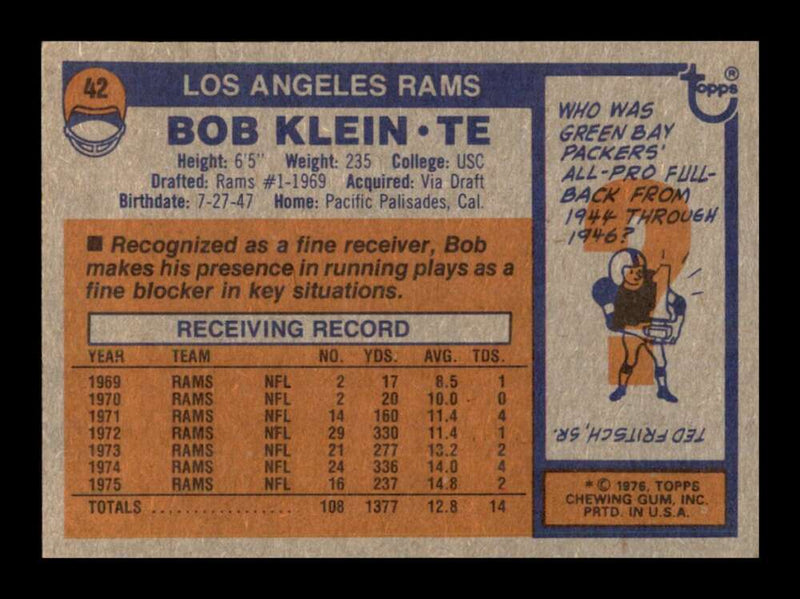 Load image into Gallery viewer, 1976 Topps Bob Klein #42 Set Break Los Angeles Rams Image 2
