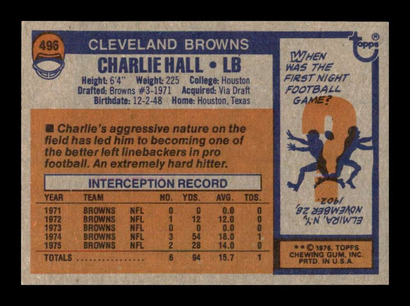 Load image into Gallery viewer, 1976 Topps Charlie Hall #496 Set Break Cleveland Browns Image 2
