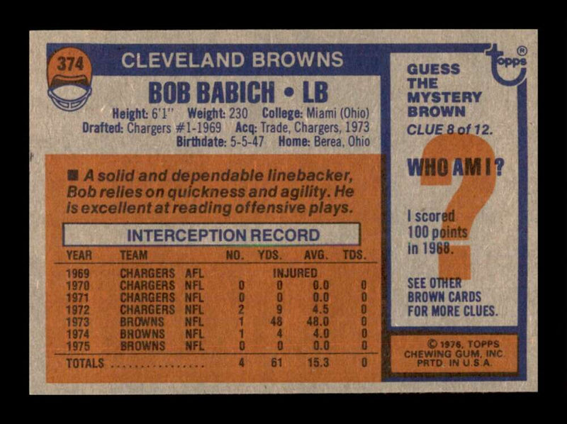 Load image into Gallery viewer, 1976 Topps Bob Babich #374 Set Break Cleveland Browns Image 2
