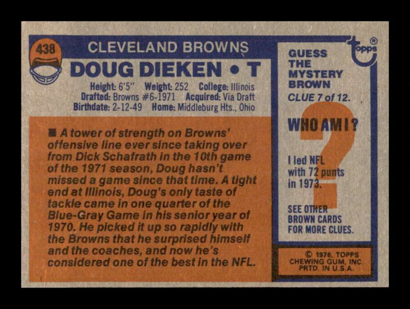 Load image into Gallery viewer, 1976 Topps Doug Dieken #438 Set Break Cleveland Browns Image 2
