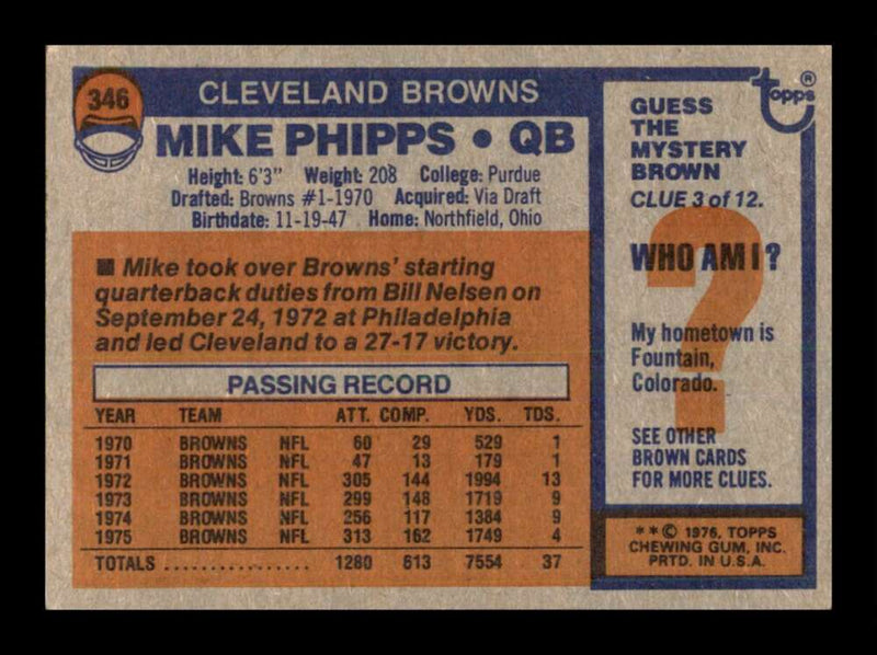 Load image into Gallery viewer, 1976 Topps Mike Phipps #346 Set Break Cleveland Browns Image 2
