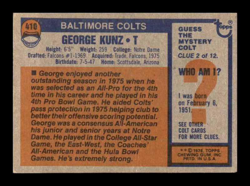 Load image into Gallery viewer, 1976 Topps George Kunz #410 Set Break Baltimore Colts Image 2
