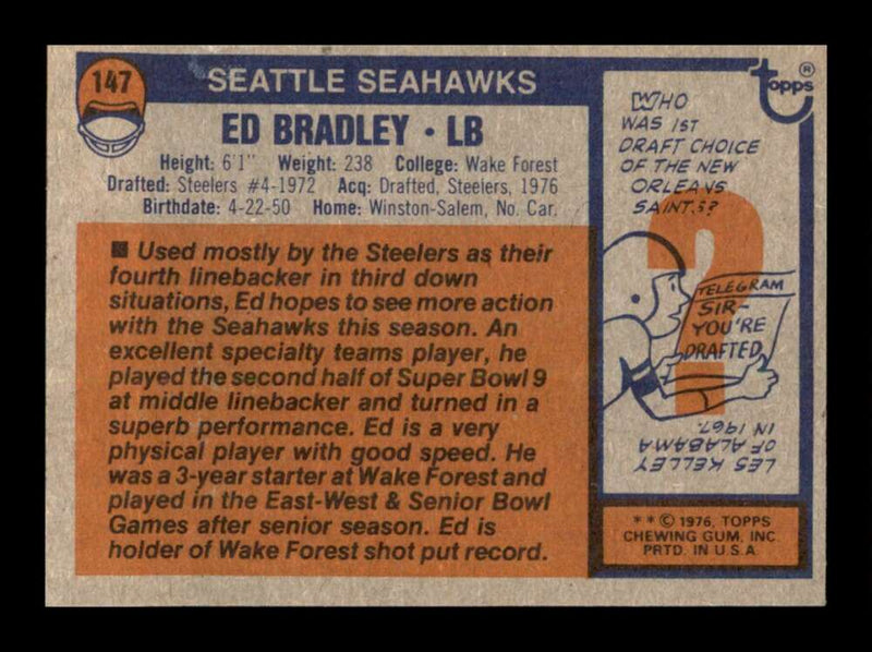 Load image into Gallery viewer, 1976 Topps Ed Bradley #147 Set Break Seattle Seahawks Image 2
