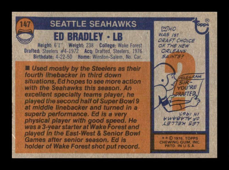 Load image into Gallery viewer, 1976 Topps Ed Bradley #147 Set Break Seattle Seahawks Image 2
