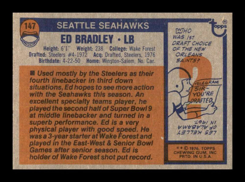 Load image into Gallery viewer, 1976 Topps Ed Bradley #147 Set Break Seattle Seahawks Image 2
