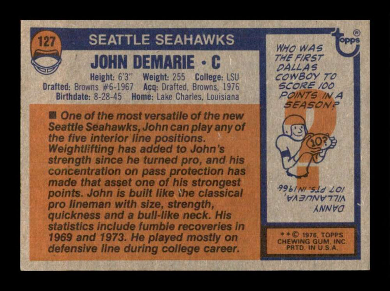 Load image into Gallery viewer, 1976 Topps John DeMarie #127 Set Break Seattle Seahawks Image 2
