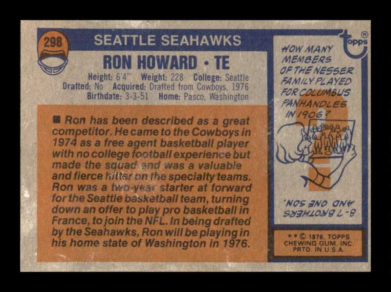 Load image into Gallery viewer, 1976 Topps Ron Howard #298 Rookie RC Set Break Seattle Seahawks Image 2
