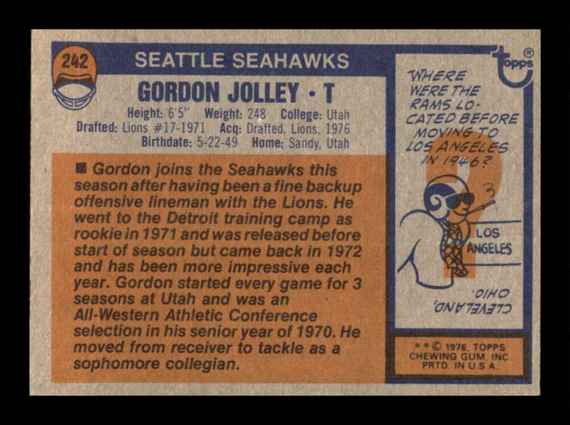 Load image into Gallery viewer, 1976 Topps Gordon Jolley #242 Set Break Seattle Seahawks Image 2
