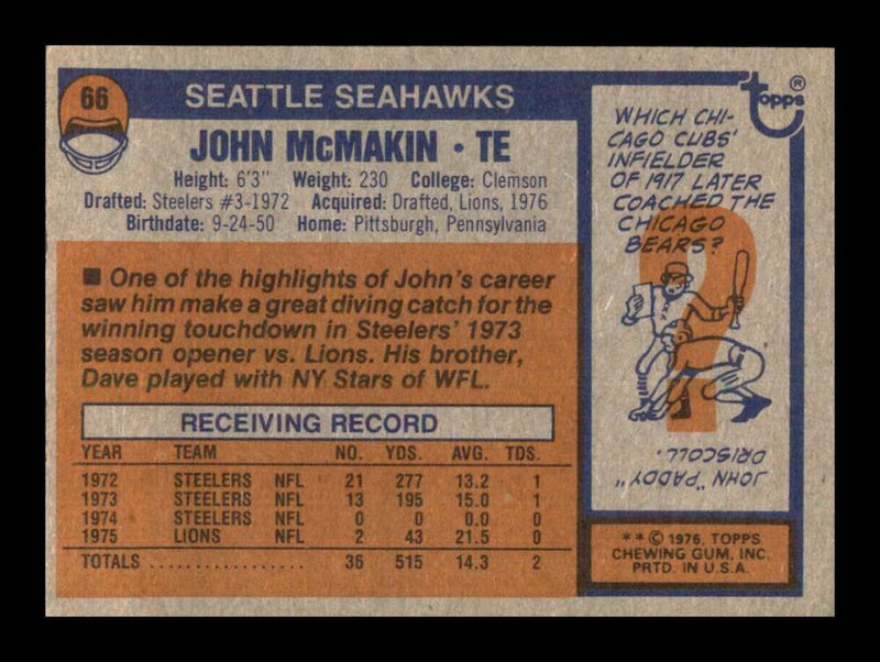 Load image into Gallery viewer, 1976 Topps John McMakin #66 Set Break Seattle Seahawks Image 2
