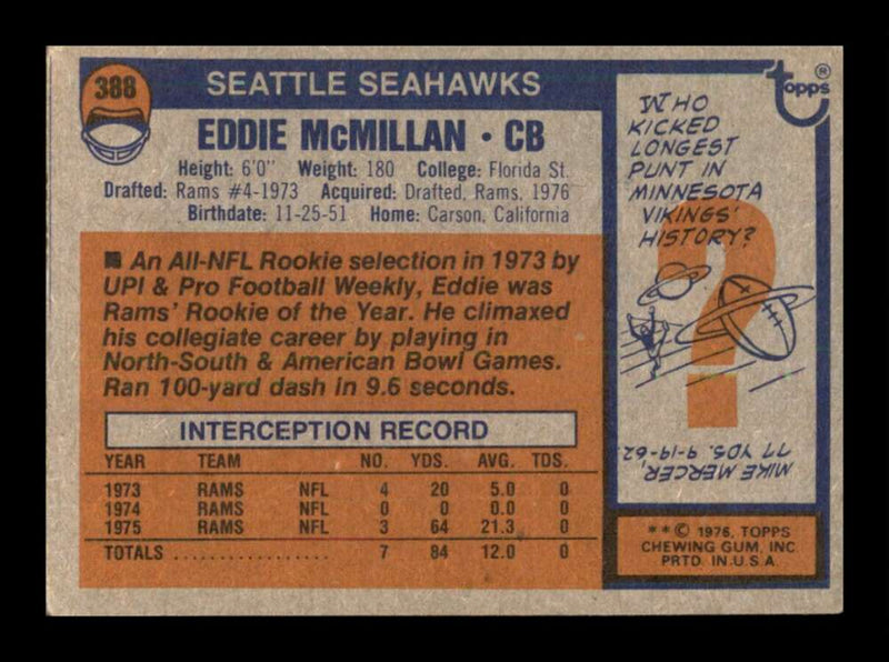 Load image into Gallery viewer, 1976 Topps Eddie McMillan #388 Rookie RC Set Break Seattle Seahawks Image 2
