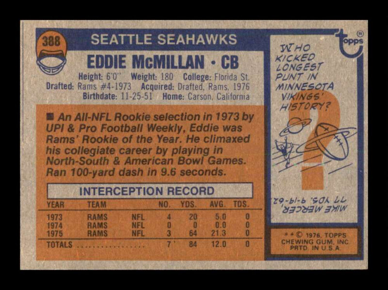 Load image into Gallery viewer, 1976 Topps Eddie McMillan #388 Rookie RC Set Break Seattle Seahawks Image 2
