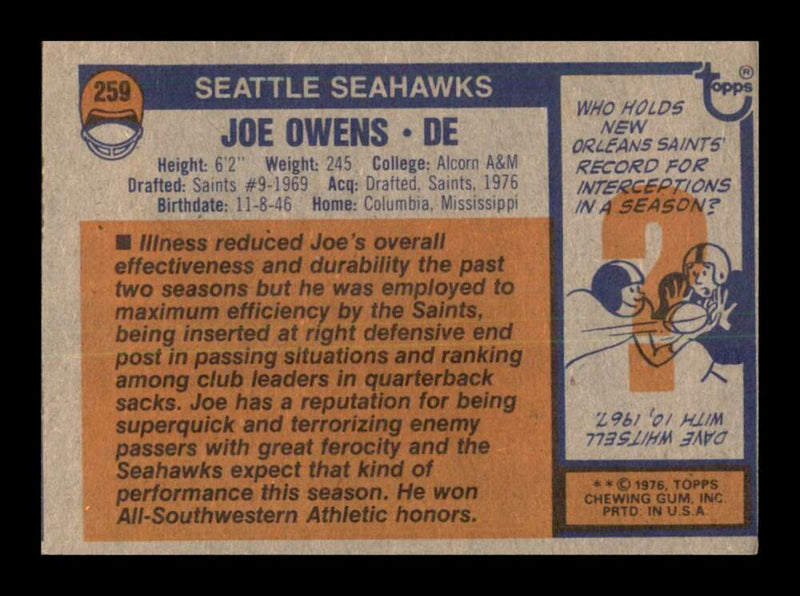 Load image into Gallery viewer, 1976 Topps Joe Owens #259 Set Break Seattle Seahawks Image 2
