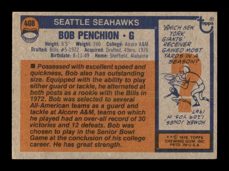 Load image into Gallery viewer, 1976 Topps Bob Penchion #408 Set Break Seattle Seahawks Image 2
