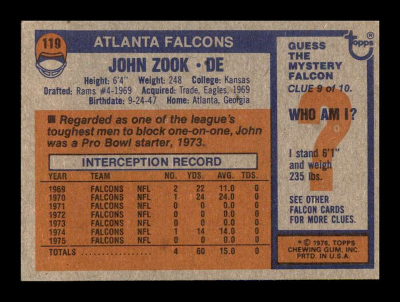 Load image into Gallery viewer, 1976 Topps John Zook #119 Set break Atlanta Falcons Image 2
