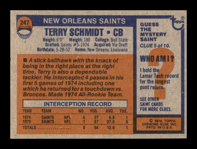 Load image into Gallery viewer, 1976 Topps Terry Schmidt #247 Rookie RC Set break New Orleans Saints Image 2
