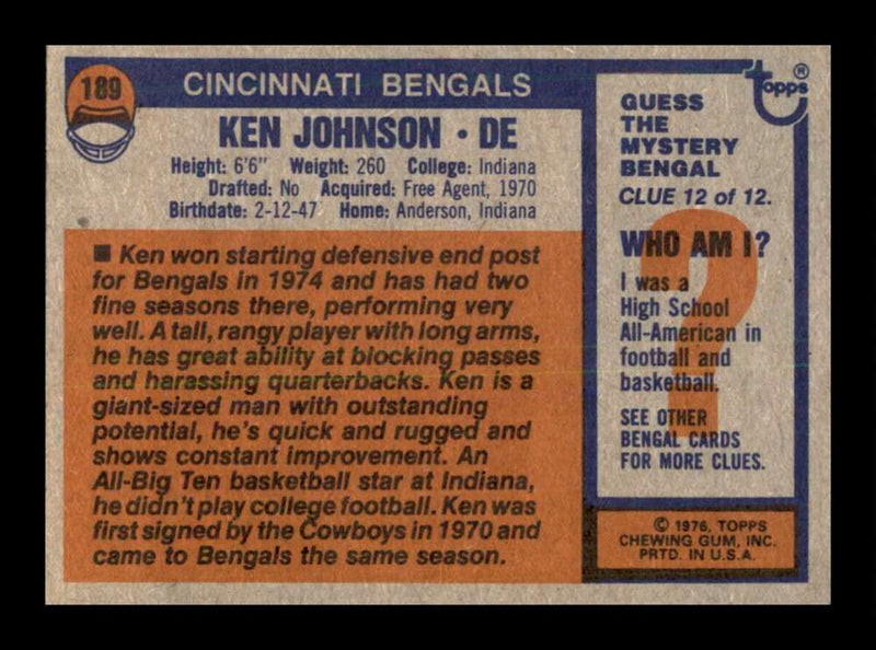 Load image into Gallery viewer, 1976 Topps Ken Johnson #189 Rookie RC Set break Cincinnati Bengals Image 2
