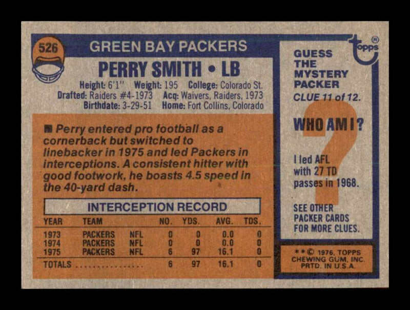 Load image into Gallery viewer, 1976 Topps Perry Smith #526 Set break Green Bay Packers Image 2
