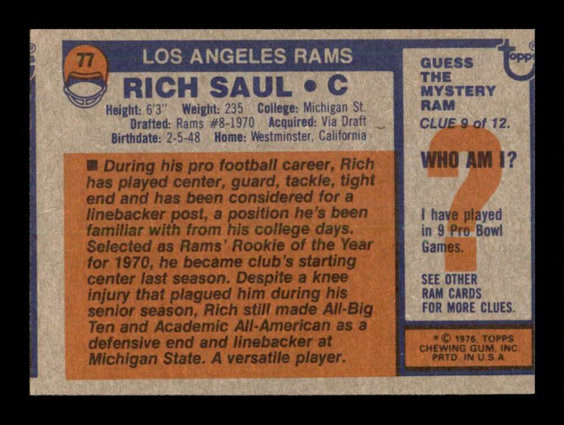 Load image into Gallery viewer, 1976 Topps Rich Saul #77 Rookie RC Set break Los Angeles Rams Image 2
