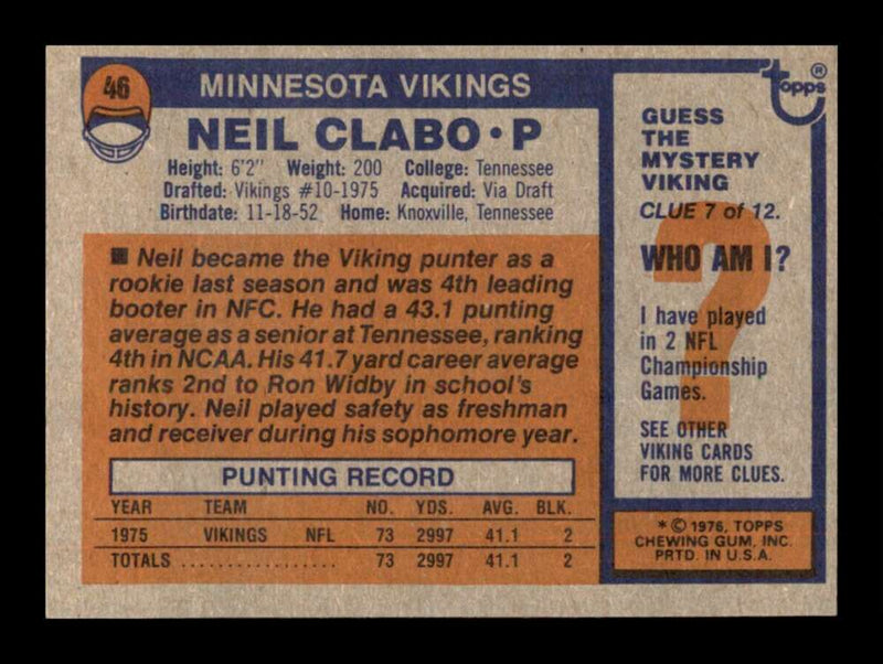 Load image into Gallery viewer, 1976 Topps Neil Clabo #46 Rookie RC Set break Minnesota Vikings Image 2
