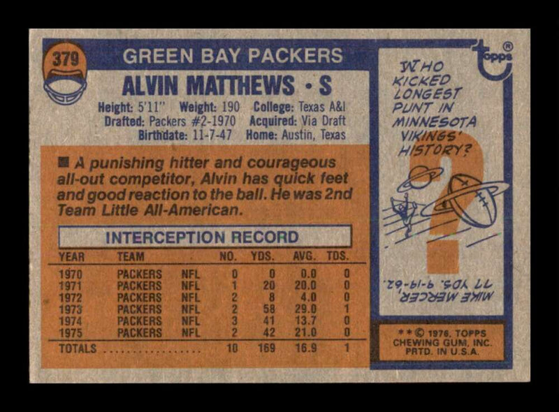 Load image into Gallery viewer, 1976 Topps Al Matthews #379 Set break Green Bay Packers Image 2
