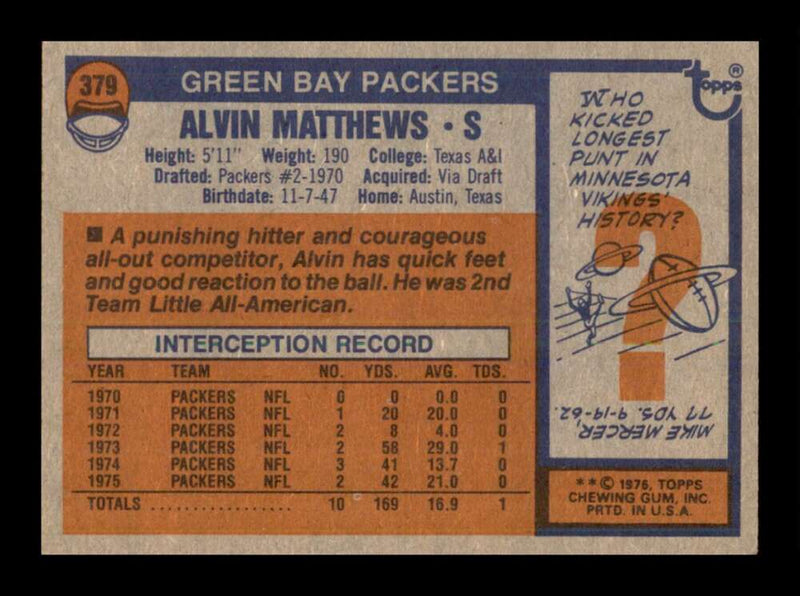 Load image into Gallery viewer, 1976 Topps Al Matthews #379 Set break Green Bay Packers Image 2
