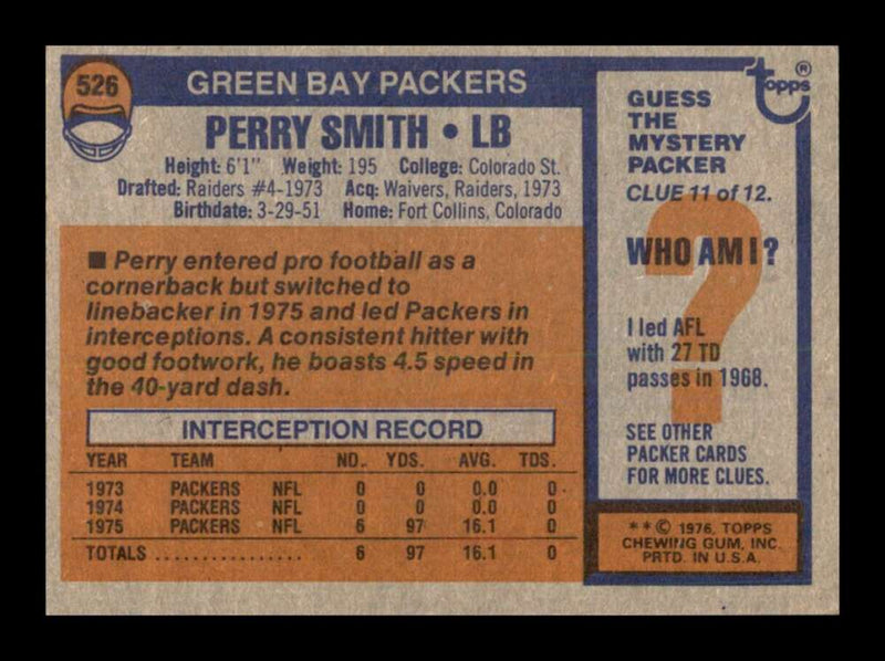 Load image into Gallery viewer, 1976 Topps Perry Smith #526 Set break Green Bay Packers Image 2
