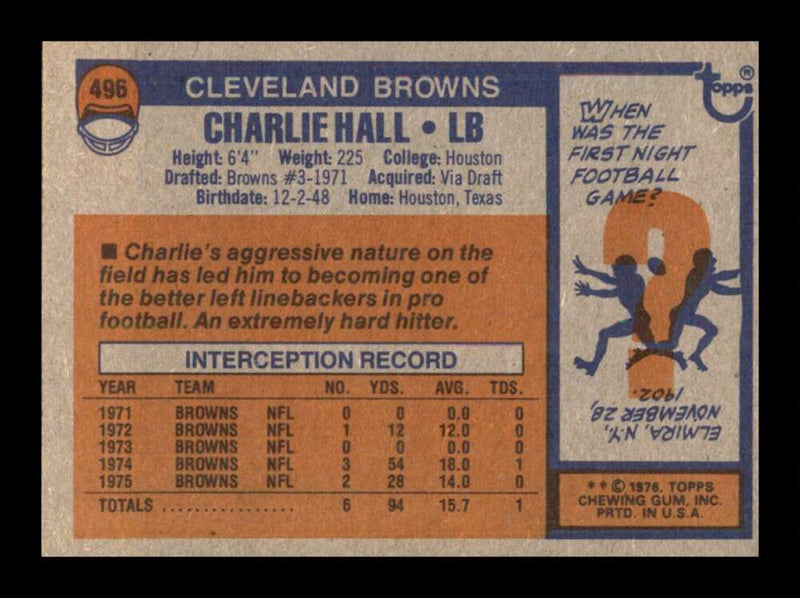 Load image into Gallery viewer, 1976 Topps Charlie Hall #496 Set break Cleveland Browns Image 2
