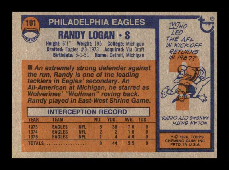 Load image into Gallery viewer, 1976 Topps Randy Logan #101 Rookie RC Set break Philadelphia Eagles Image 2
