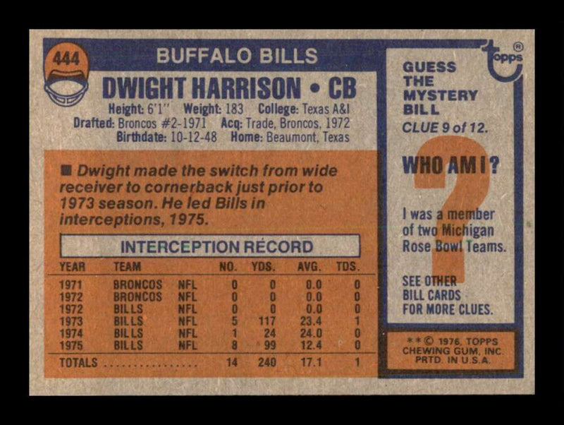 Load image into Gallery viewer, 1976 Topps Dwight Harrison #444 Set break Buffalo Bills Image 2
